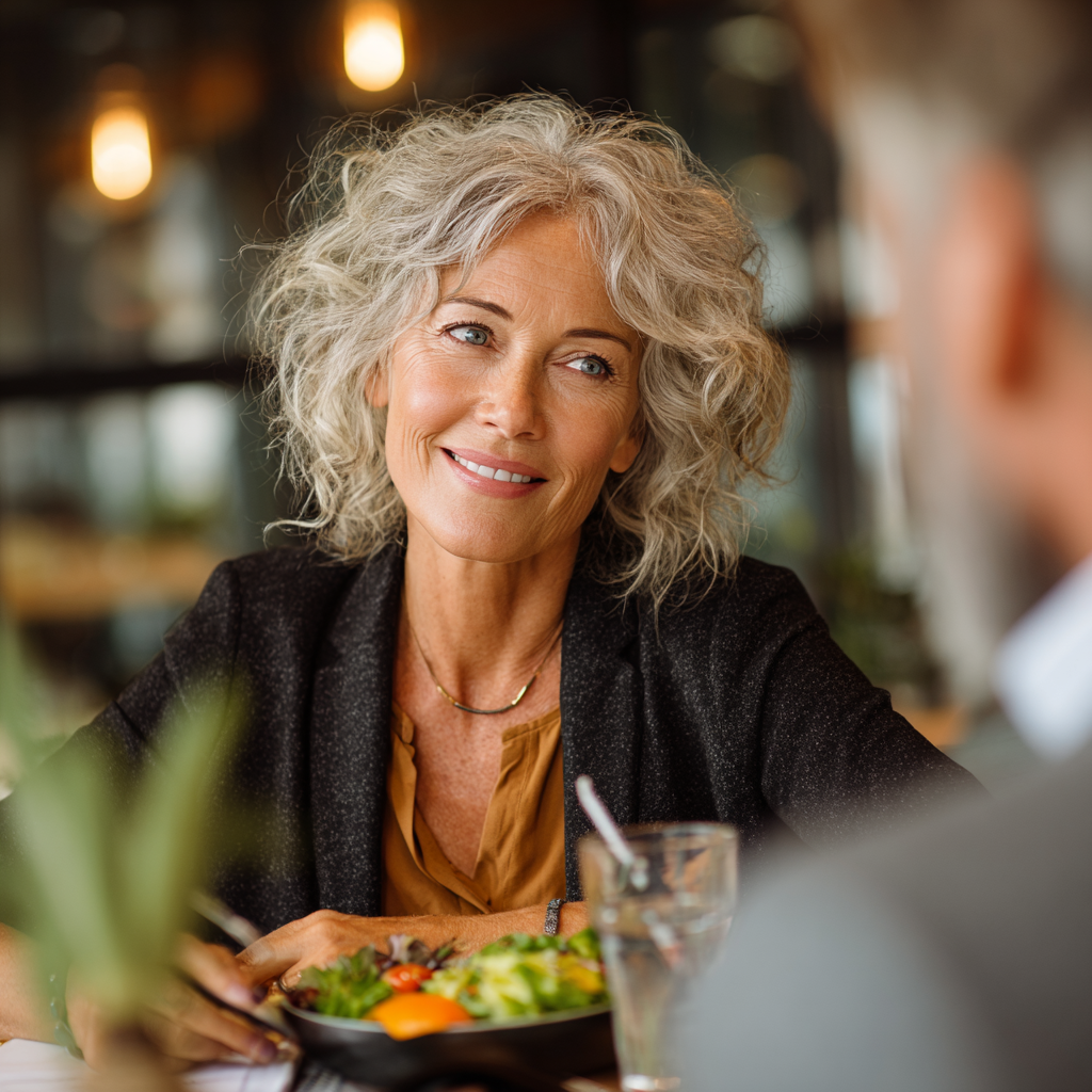 Professional middle-aged nutritionist in her 50s consulting with a client, both looking confident and engaged while discussing healthy meal planning in a bright, modern office setting