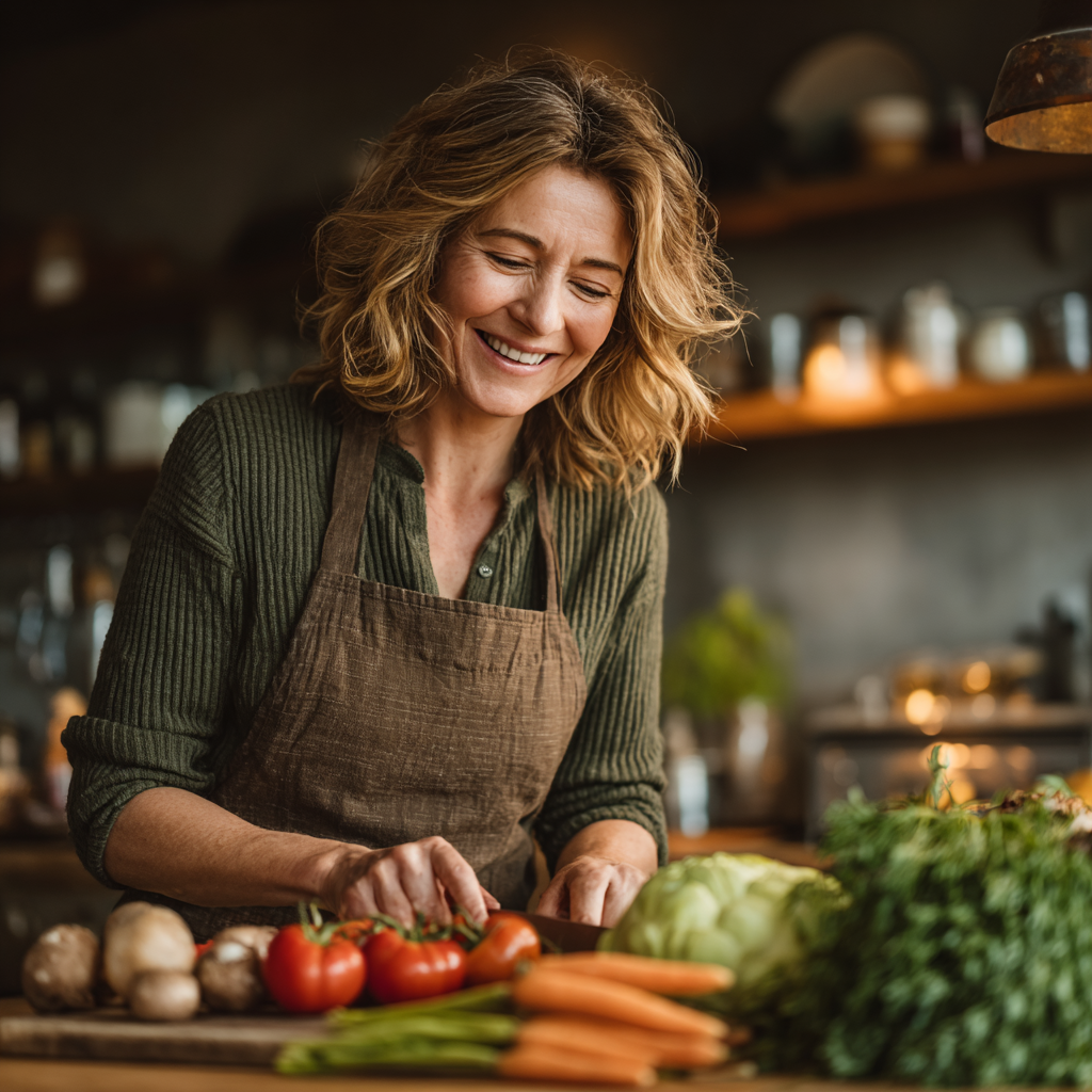 Smiling middle-aged woman in her 40s preparing healthy vegetables in a modern kitchen, looking confident and happy while planning nutritious meals